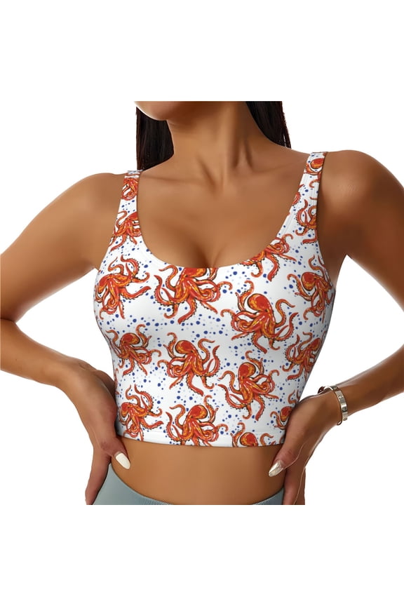 Hand drawn octopus Print Women's Sports Vest, Low-neck U-shaped Removable Pad Sports Bra for Yoga, Exercise, Dance-XX-Large