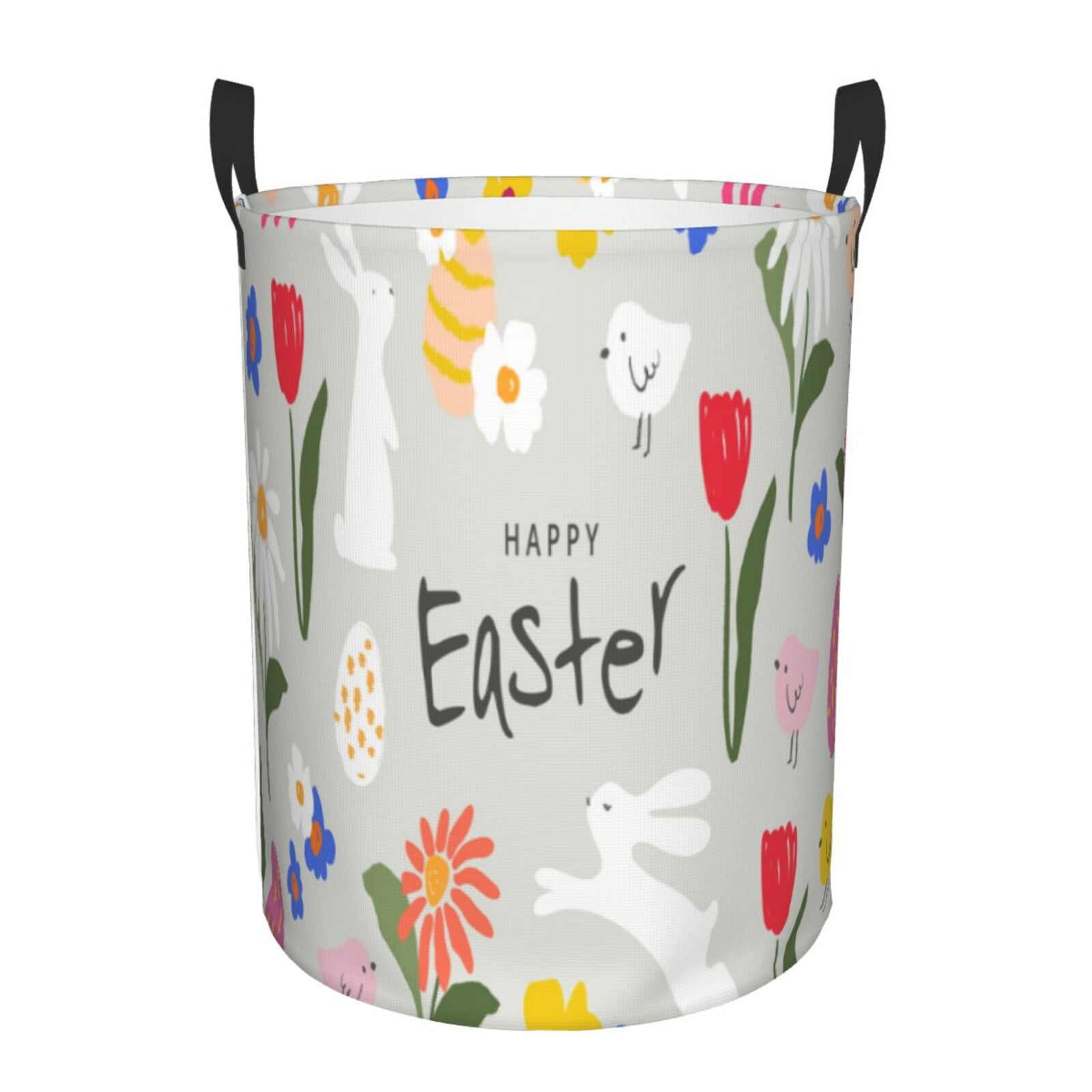Gukieu Happy Easter Print Round Dirty Clothes Bag, Waterproof Standing Home Bathroom Storage Basket Car Trunk Storage Bag-Small
