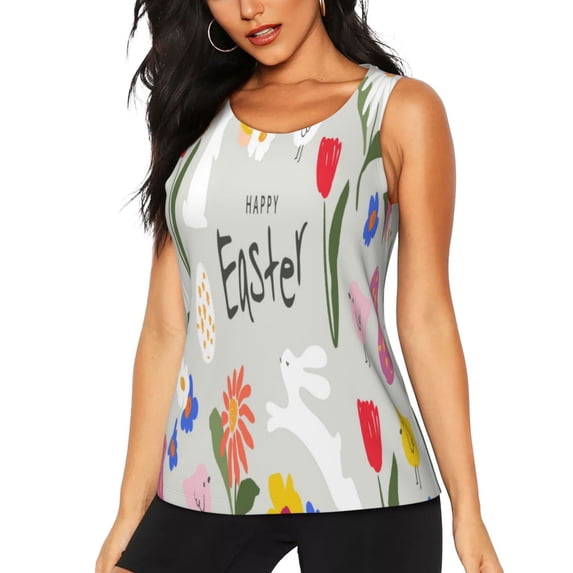 Gukieu Happy Easter Print Women's Quick-drying Fitness Vest, Round Neck Sleeveless Fitness T-shirt, Suitable for Yoga, Sports-X-Large