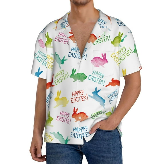 Gukieu Happy Easter Rabbit Print Men's Short-sleeved Shirts, Button-down Pocket Shirts, T-shirts, Beach Vacation Travel Summer Clothing-XX-Large