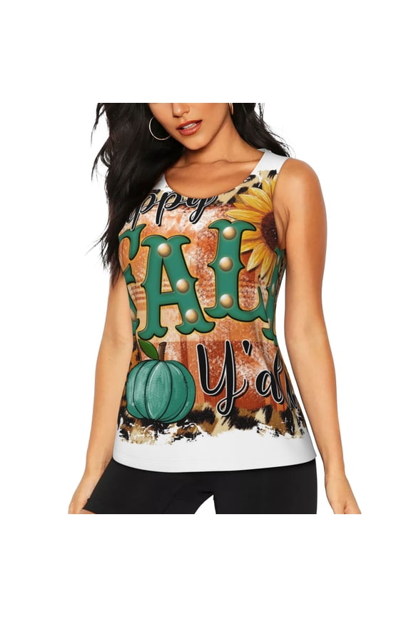 Happy Fall Y'All Print Women's Quick-drying Fitness Vest, Round Neck Sleeveless Fitness T-shirt, Suitable for Yoga, Sports-Large