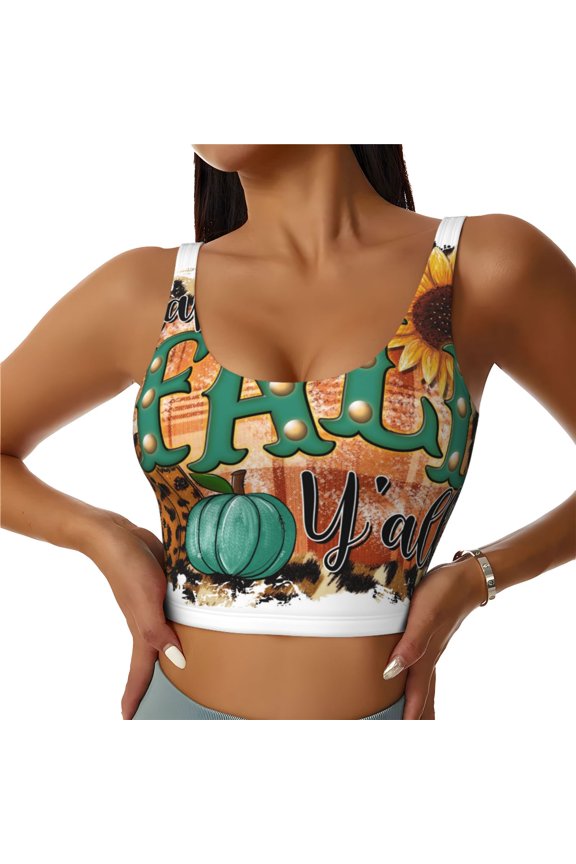 Happy Fall Y'All Print Women's Sports Vest, Low-neck U-shaped Removable Pad Sports Bra for Yoga, Exercise, Dance-