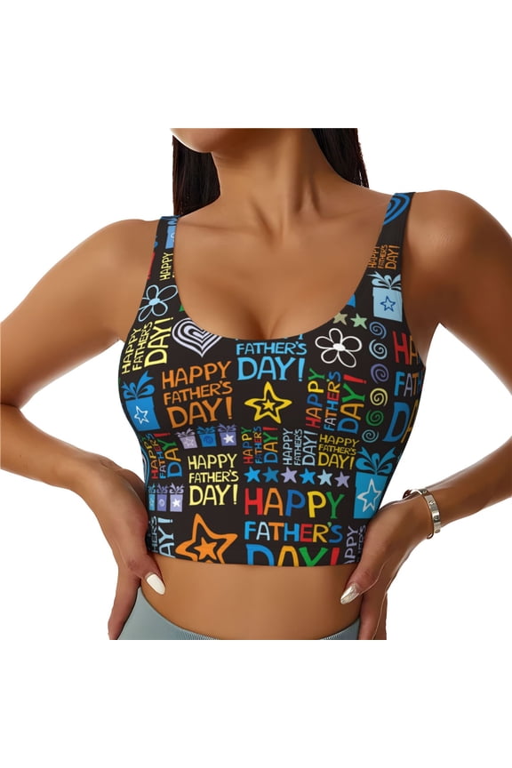 Happy Father Day Print Women's Sports Vest, Low-neck U-shaped Removable Pad Sports Bra for Yoga, Exercise, Dance-XX-Large