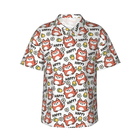Gukieu Happy Foxy Faces Print Men's Short-sleeved Shirts, Button-down Lapel Hawaiian Shirts, T-shirts, Beach Vacation Summer Casual Wear,Large