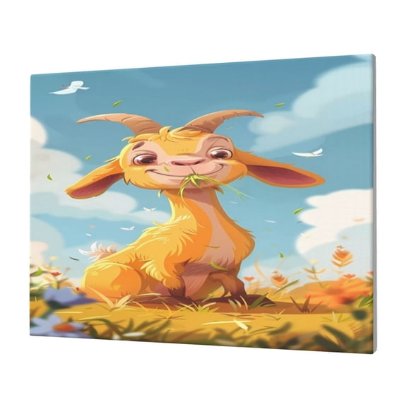 Gukieu Happy Goat In Meadow Print Horizontal Canvas Decorative Painting 12x16 Inch Shrinkage Resistant Frame Hanging Home Wall Art Decor