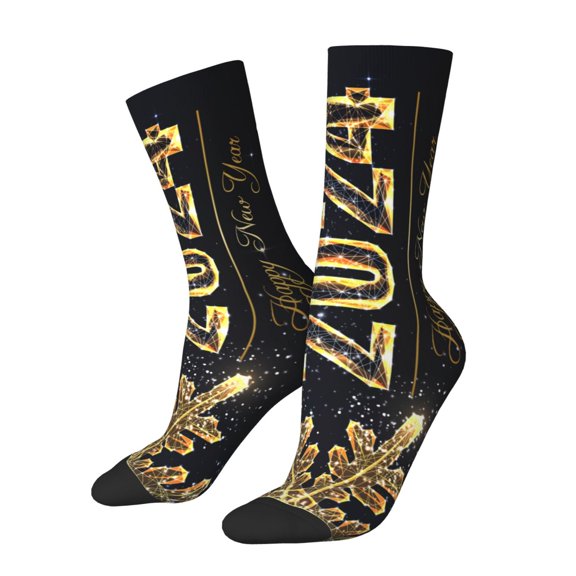 Gukieu Happy New Year 2024 (5) Print Contrast Color Mid-calf Socks, Sweat-wicking Athletic Socks, Unisex Clothing Accessories