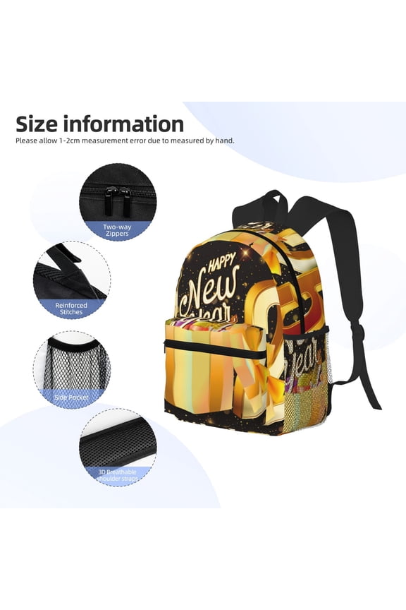 Happy New Year 2025 C Print Backpack, Waterproof Backpack with Adjustable Shoulder Straps, Suitable for Campus, Business, Travel, Unisex