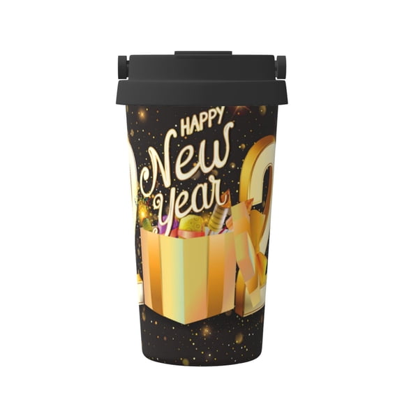 Gukieu Happy New Year 2025 C Print Insulated Coffee Cup, Portable Stainless Steel Vacuum Cup with Lid, Unisex, Suitable for Office, Cafe, Car