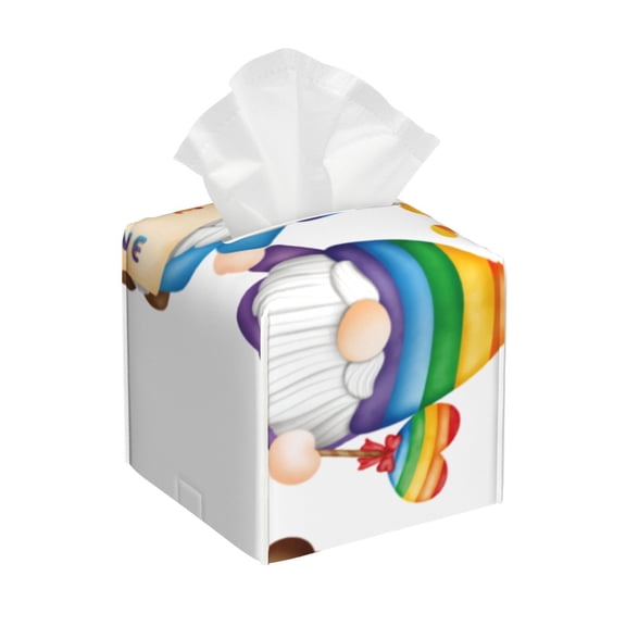 Gukieu Happy Pride Gnome Print Leather Tissue Box, PVC Waterproof Velcro Opening and Closing Square Tissue Box Holder, Suitable for Home and Office Decoration