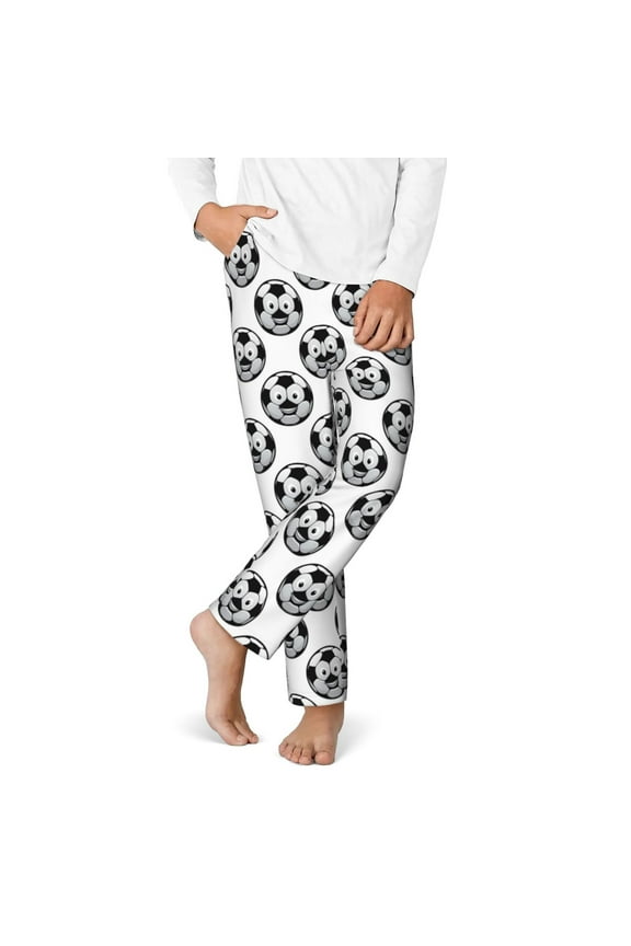 Happy Soccer Print Youth Home Trousers, Elastic Waistband with Pockets for Home and Outing, Suitable for Children Aged 5-16-Large