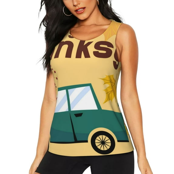 Gukieu Happy Thanksgiving Day Print Women's Quick-drying Fitness Vest, Round Neck Sleeveless Fitness T-shirt, Suitable for Yoga, Sports-XX-Large