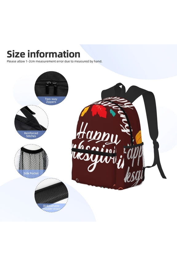 Happy Thanksgiving Print Backpack, Waterproof Backpack with Adjustable Shoulder Straps, Suitable for Campus, Business, Travel, Unisex