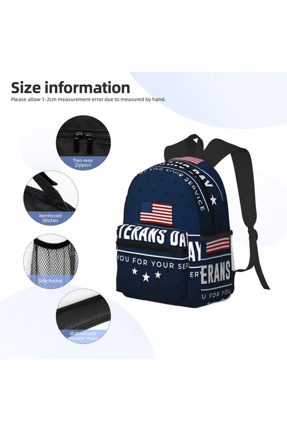 Happy Veterans Day Print Backpack, Waterproof Backpack with Adjustable Shoulder Straps, Suitable for Campus, Business, Travel, Unisex