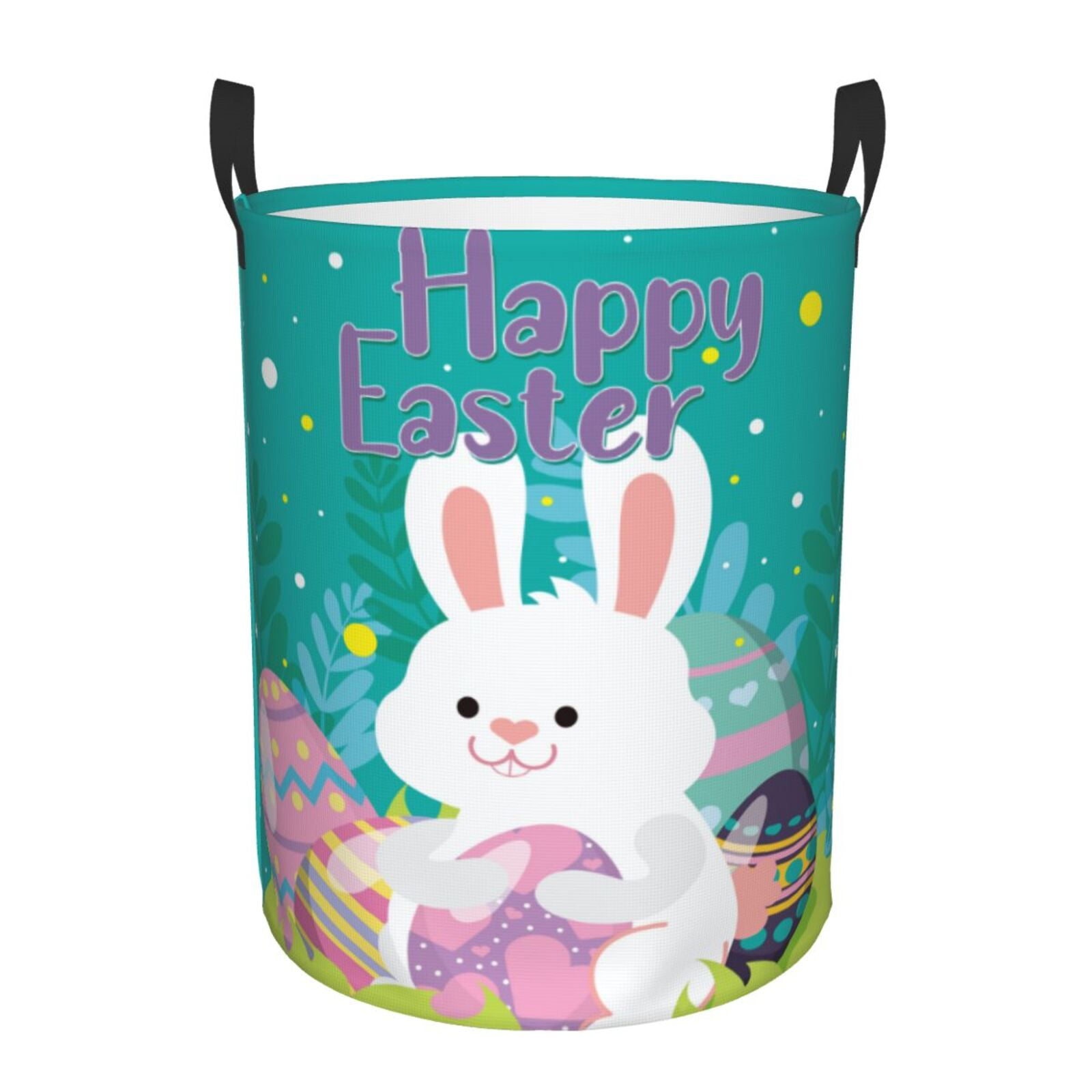 Gukieu Happy easter Print Round Dirty Clothes Bag, Waterproof Standing Home Bathroom Storage Basket Car Trunk Storage Bag-Small