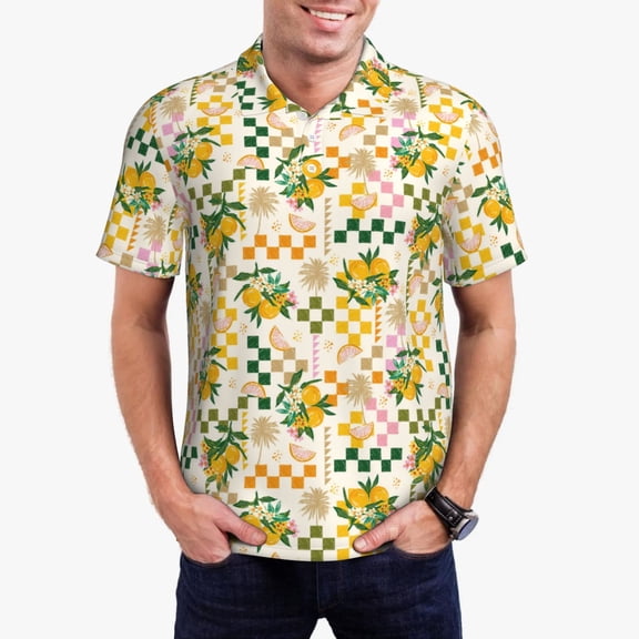 Gukieu Hawaii Palms Print Men's Quick-drying POLO Shirt, Button-down Summer T-shirt, Suitable for Work and Outdoor Activities-Large