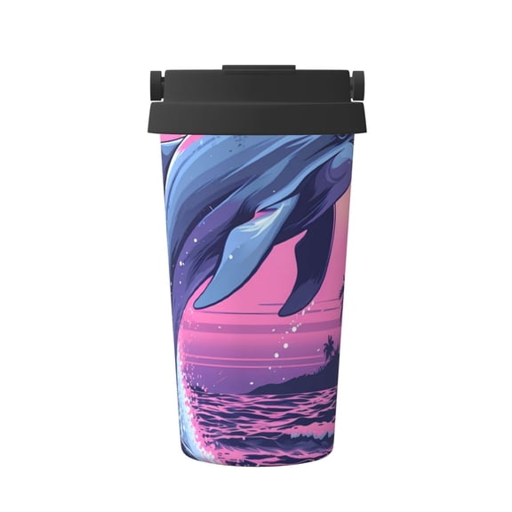 Gukieu Hawaiian Beach Dolphin Print Insulated Coffee Cup, Portable Stainless Steel Vacuum Cup with Lid, Unisex, Suitable for Office, Cafe, Car