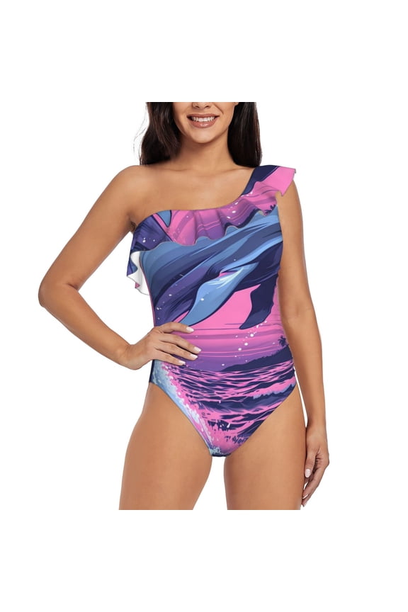 Hawaiian Beach Dolphin Print One-shoulder Ruffled One-piece Swimsuit with Removable Chest Pads and Tummy-control Swimsuit for Women-