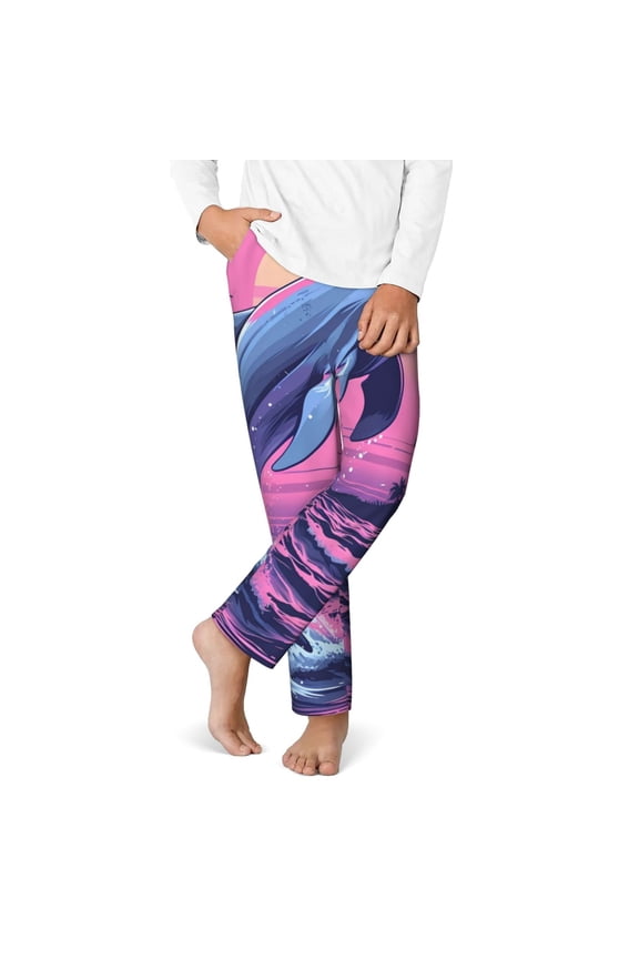 Hawaiian Beach Dolphin Print Youth Home Trousers, Elastic Waistband with Pockets for Home and Outing, Suitable for Children Aged 5-16-Medium