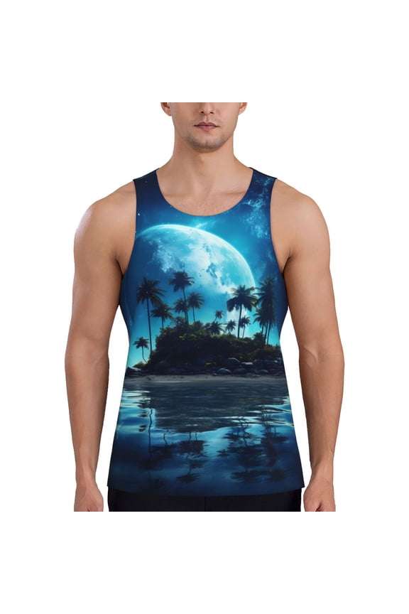 Hawaiian Beach Pirate Moon Print Men's Quick Dry Fitness Vest, Round Neck Sleeveless Fitness Bodybuilding Top-Large