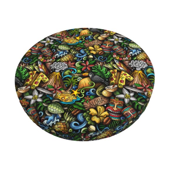 Gukieu Hawaiian Culture Symbols Print Round Chair Cover, Dust-proof and Non-slip Bar Chair Protective Cover, Suitable for Bars, Restaurants, Offices-12 inch