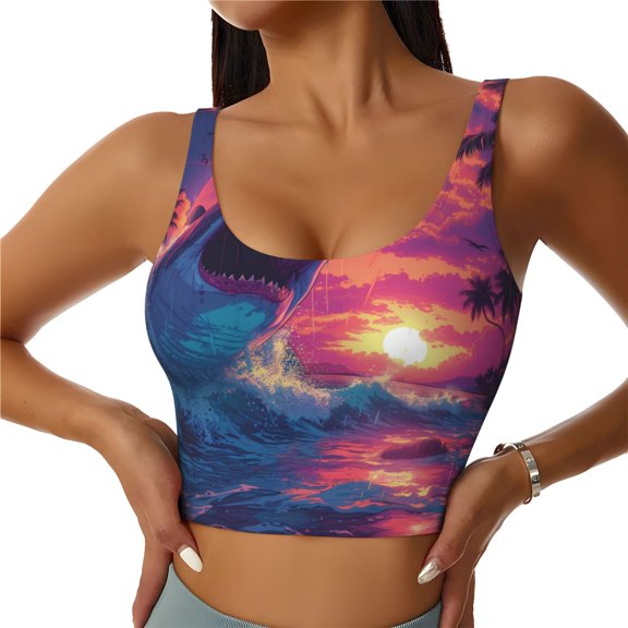Gukieu Hawaiian Island Beach Shark Print Women's Sports Vest, Low-neck U-shaped Removable Pad Sports Bra for Yoga, Exercise, Dance-XX-Large