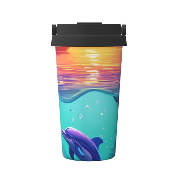 Gukieu Hawaiian Island Dolphin Print Insulated Coffee Cup, Portable Stainless Steel Vacuum Cup with Lid, Unisex, Suitable for Office, Cafe, Car