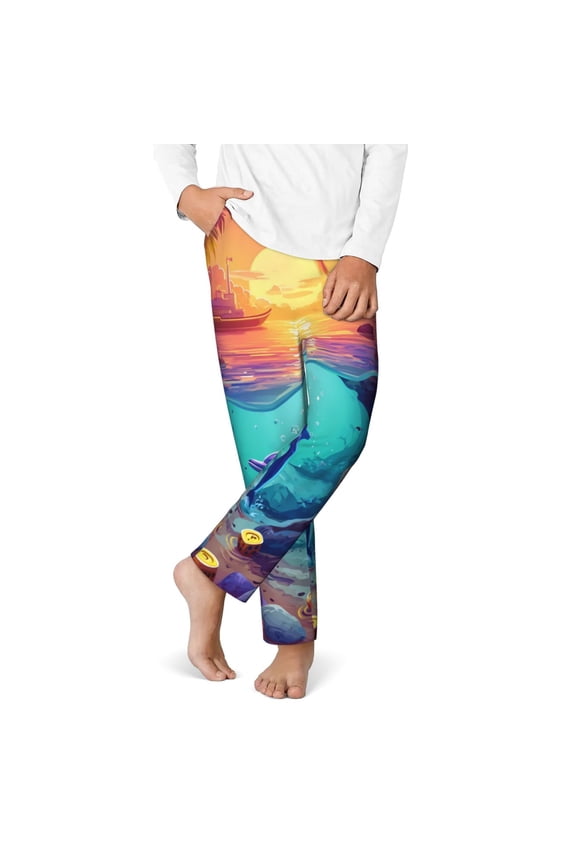 Hawaiian Island Dolphin Print Youth Home Trousers, Elastic Waistband with Pockets for Home and Outing, Suitable for Children Aged 5-16-XS(5-6)