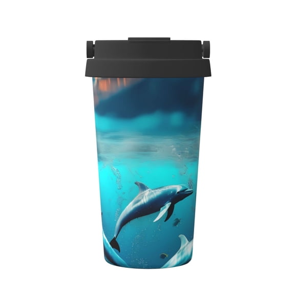 Gukieu Hawaiian Ship Dolphin Print Insulated Coffee Cup, Portable Stainless Steel Vacuum Cup with Lid, Unisex, Suitable for Office, Cafe, Car