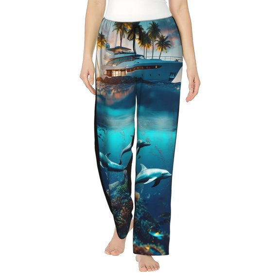 Gukieu Hawaiian Ship Dolphin Print Women's Home Trousers, with Pockets and Drawstring Pajamas, Home Pajamas, Sleepwear-Small