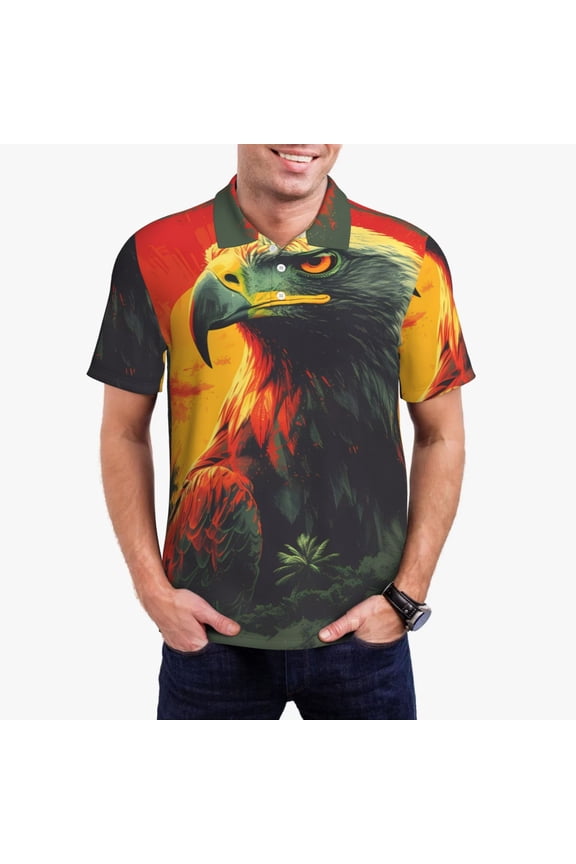 Hawaiian Style Bald Eagle Print Men's Quick-drying POLO Shirt, Button-down Summer T-shirt, Suitable for Work and Outdoor Activities-Large