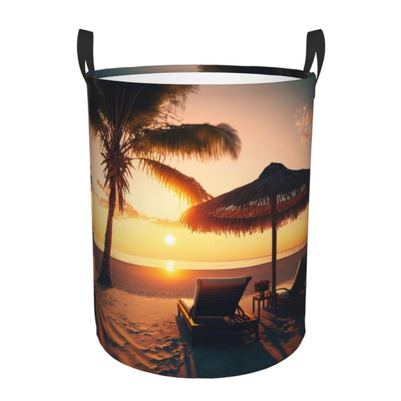 Gukieu Hawaiian Sunset Beach Print Round Dirty Clothes Bag, Waterproof Standing Home Bathroom Storage Basket Car Trunk Storage Bag-Small