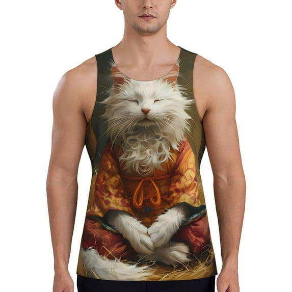 Gukieu Haystack Meditating Cat Print Men's Quick Dry Fitness Vest, Round Neck Sleeveless Fitness Bodybuilding Top-X-Large