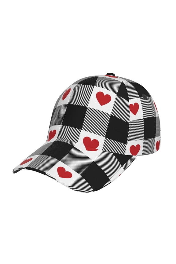 Heart Black Buffalo Plaid Gingham Prin Baseball Cap, Adjustable Sweat-wicking Daily,Travel, Sports Cap, Unisex