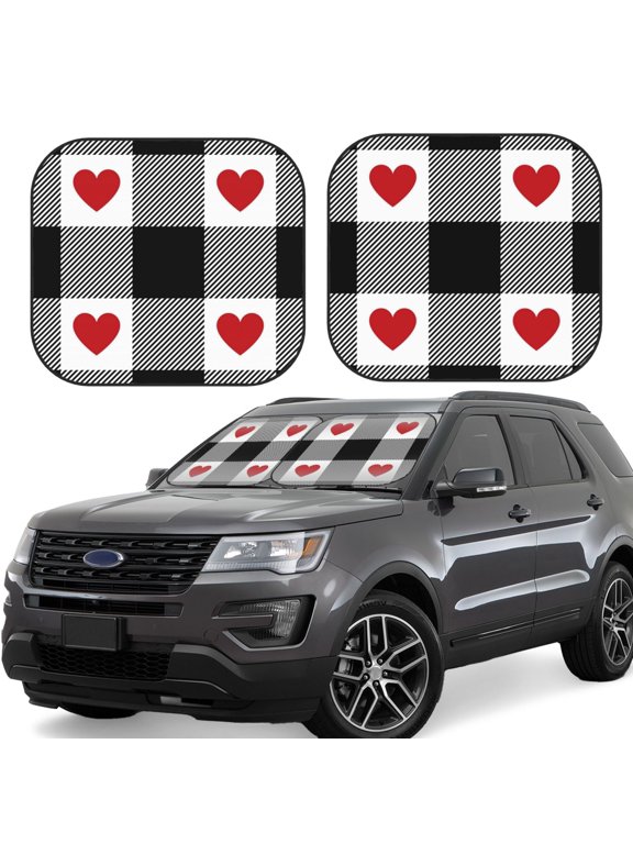 Heart Black Buffalo Plaid Gingham Print Car Windshield Sun Visor, Foldable Anti-UV Car Sun Visor Suitable for Vans, Trucks Car Accessories-Small