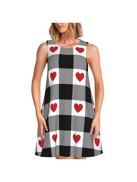 Heart Black Buffalo Plaid Gingham Print Women's Sleeveless Dress, Pocket Round Neck Dress, Summer Dress Suitable for Vacation, Party, Travel