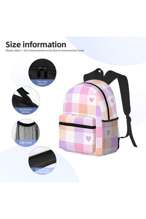 Heart Buffalo Plaid Print Backpack, Waterproof Backpack with Adjustable Shoulder Straps, Suitable for Campus, Business, Travel, Unisex