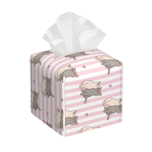 Gukieu Heart Cat Print Leather Tissue Box, PVC Waterproof Velcro Opening and Closing Square Tissue Box Holder, Suitable for Home and Office Decoration
