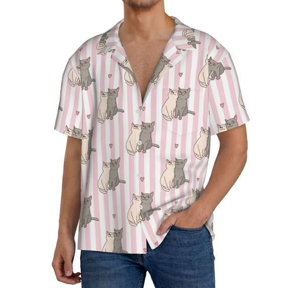 Gukieu Heart Cat Print Men's Short-sleeved Shirts, Button-down Pocket Shirts, T-shirts, Beach Vacation Travel Summer Clothing-XX-Large