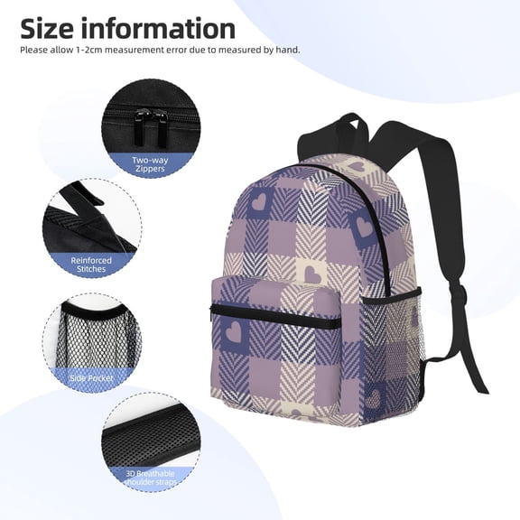Gukieu Heart Check Plaid Print Backpack, Waterproof Backpack with Adjustable Shoulder Straps, Suitable for Campus, Business, Travel, Unisex