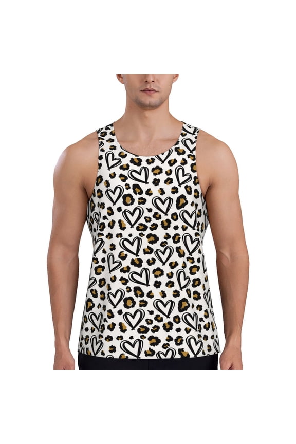 Heart Leopard Print Men's Quick Dry Fitness Vest, Round Neck Sleeveless Fitness Bodybuilding Top-Medium