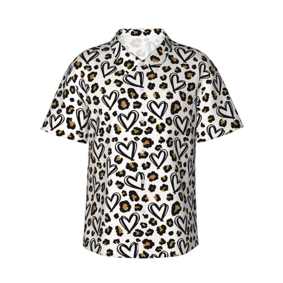 Gukieu Heart Leopard Print Men's Short-sleeved Shirts, Button-down Lapel Hawaiian Shirts, T-shirts, Beach Vacation Summer Casual Wear,X-Large