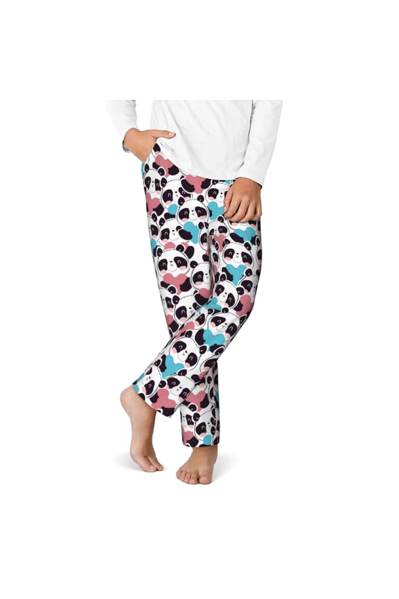 Heart Panda Print Youth Home Trousers, Elastic Waistband with Pockets for Home and Outing, Suitable for Children Aged 5-16-Small