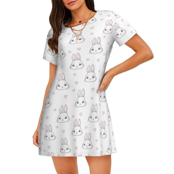 Gukieu Heart Rabbit Print Women's Nightgown, A-line Round Neck Short-sleeved Nightgown Pajamas Home Wear Suitable for Home and Outing