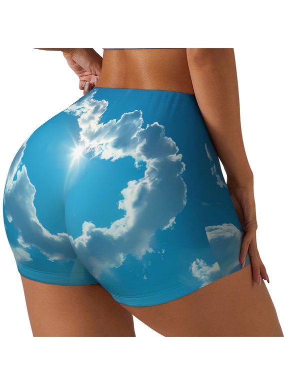 Heart Shaped Cloud Print Women's Sports Shorts, Elastic Waist High Stretch Running Yoga Gym Sweatpants-Small