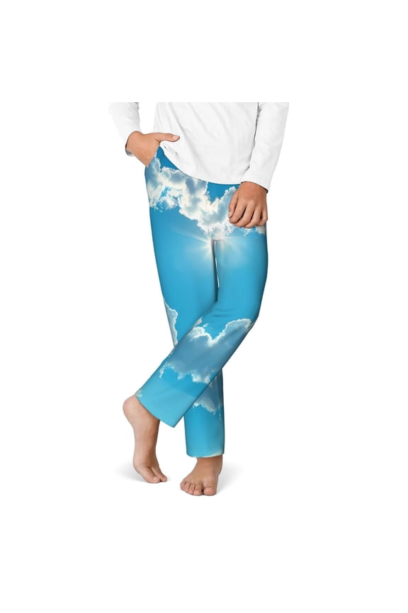 Heart Shaped Cloud Print Youth Home Trousers, Elastic Waistband with Pockets for Home and Outing, Suitable for Children Aged 5-16-XS(5-6)