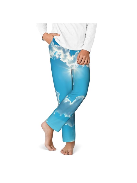 Heart Shaped Cloud Print Youth Home Trousers, Elastic Waistband with Pockets for Home and Outing, Suitable for Children Aged 5-16-XS(5-6)
