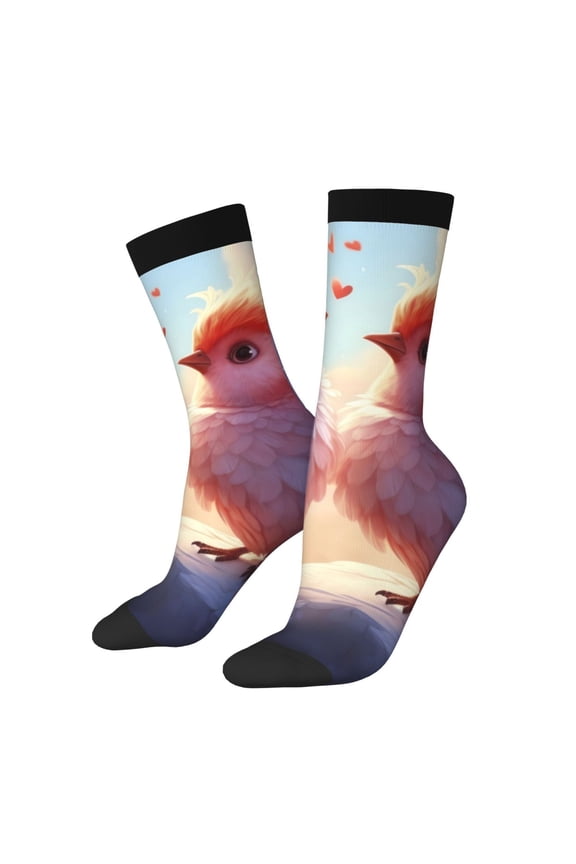 Heart Sky Bird Couple Print Contrast Color Mid-calf Socks, Sweat-wicking Athletic Socks, Unisex Clothing Accessories