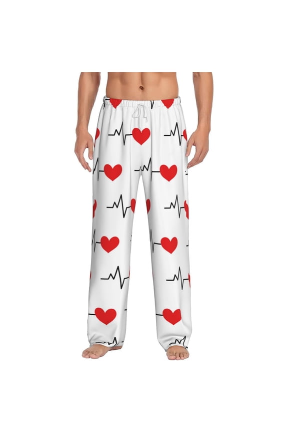 Heartbeat Symbol Print Men's Home Trousers, Elastic Drawstring Home Pajamas Clothing Suitable for Adult Men-Small