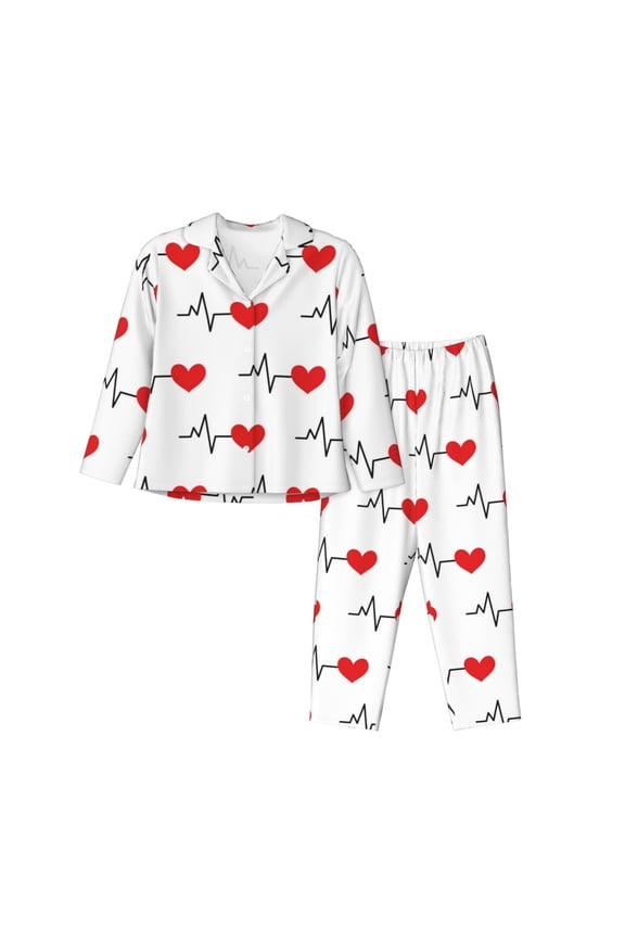 Heartbeat Symbol Print Women's Long Sleeve Pajama Set, Button Top Elastic Pocket Pajama Pants Two Piece Set Home Wear-Medium