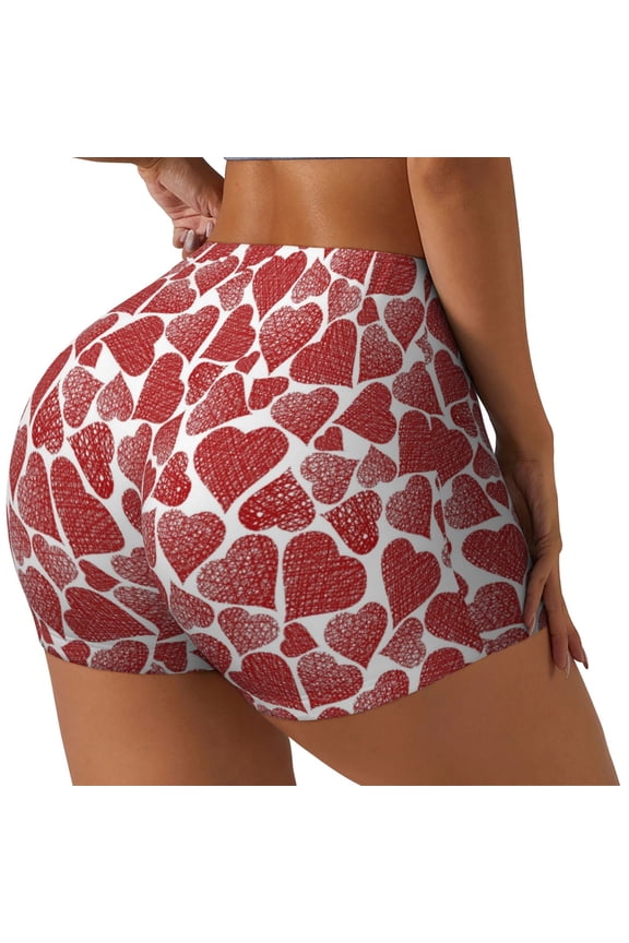 Hearts Print Women's Sports Shorts, Elastic Waist High Stretch Running Yoga Gym Sweatpants-Medium